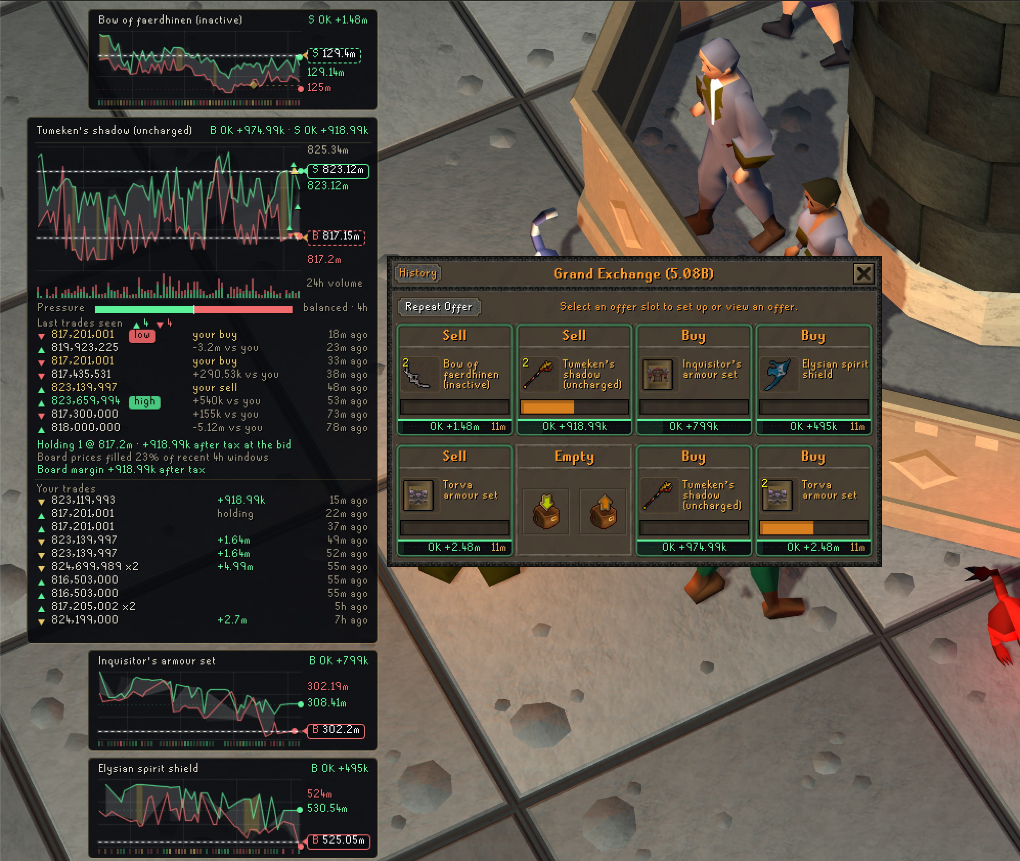The Grand Exchange in RuneLite with a 5 billion gp bank: verdict chips under all seven offers, a column of mini evidence cards beside the board, and one card expanded to the full read
