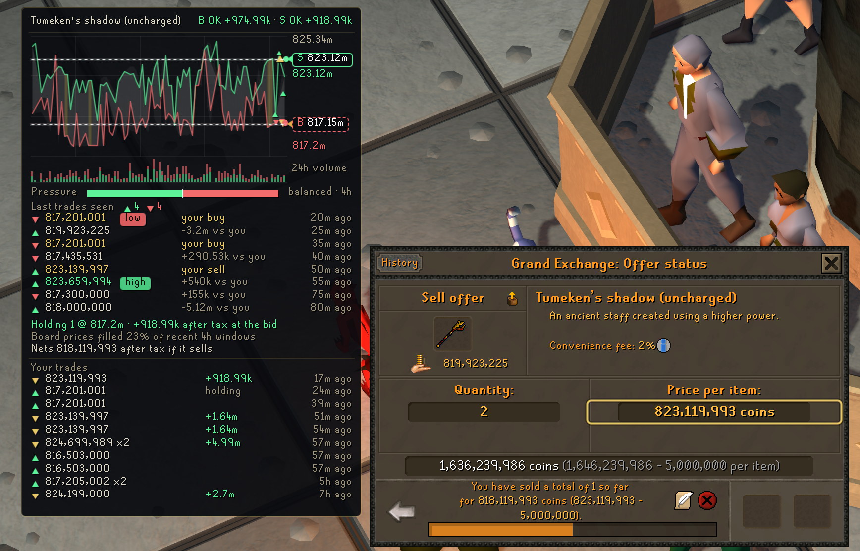 The full PriceCheck evidence card beside a live GE sell offer: price corridor with the offers tagged, 24h volume bars, a pressure meter, the last trades with the trader's own fills in gold and high and low badges, and the trader's own history on the item