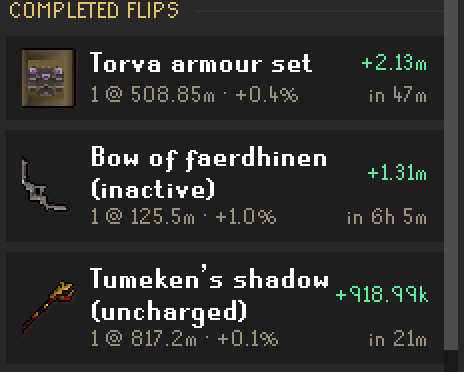 Completed flips in the log: a Torva armour set, a Bow of faerdhinen, and a Tumeken's shadow with exact profit, ROI, and time held