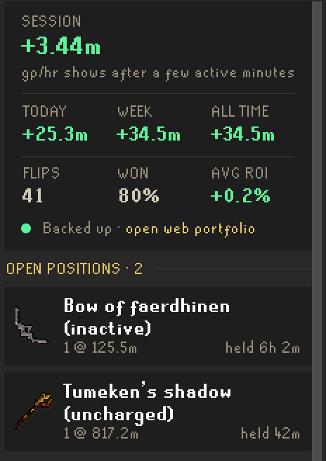The plugin's Log tab mid-session: +3.44m this session, +25.3m today, +34.5m on the week across 41 flips at 80% won, with open positions and their hold times